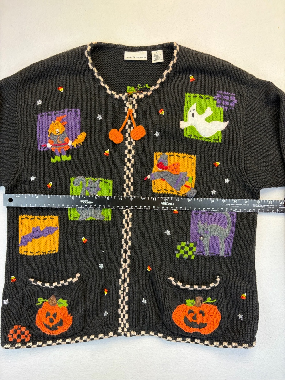 Vintage Halloween Zip Up Cardigan Sweater Large Croft Barrow Grandma Cats Bats - Picture 6 of 13